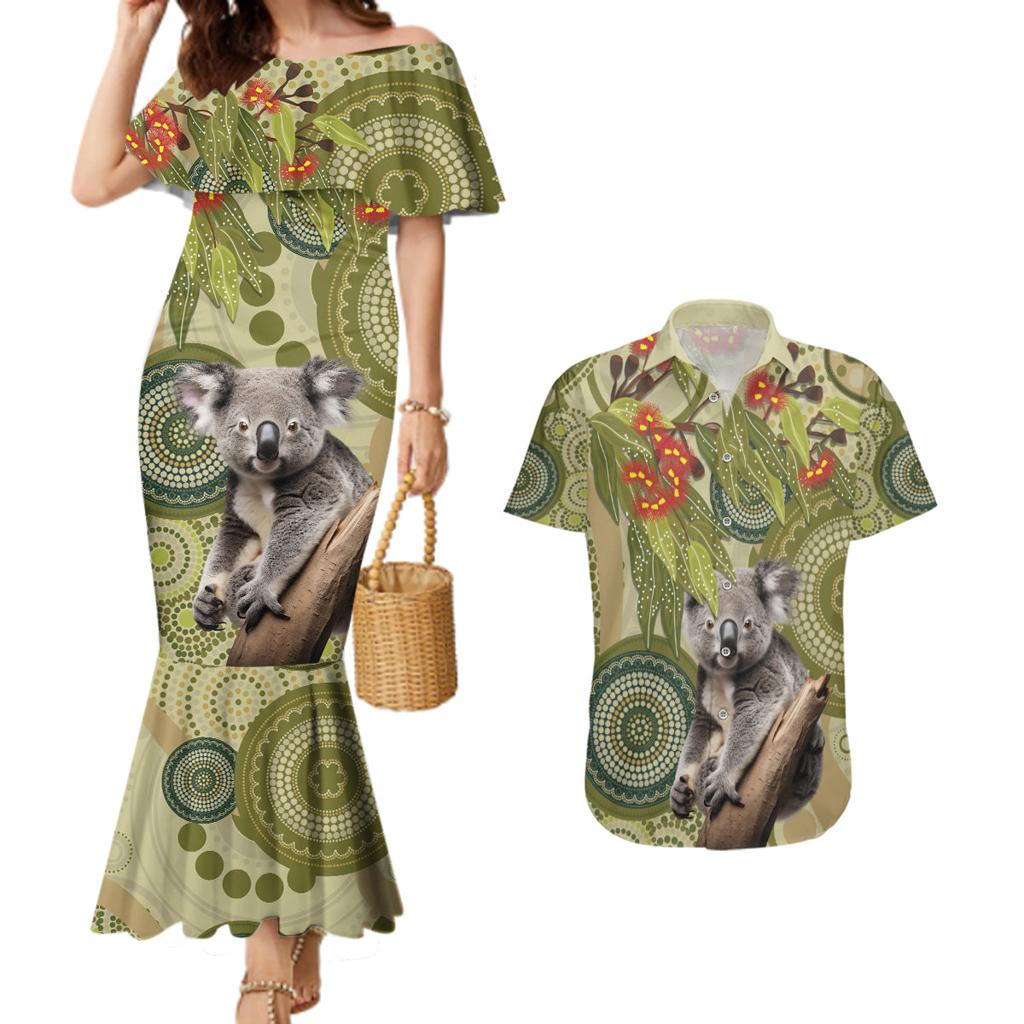 Aboriginal Koala Art Painting With Gum Blossom Couples Matching Mermaid Dress and Hawaiian Shirt
