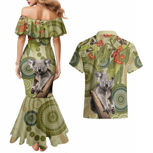 Aboriginal Koala Art Painting With Gum Blossom Couples Matching Mermaid Dress and Hawaiian Shirt