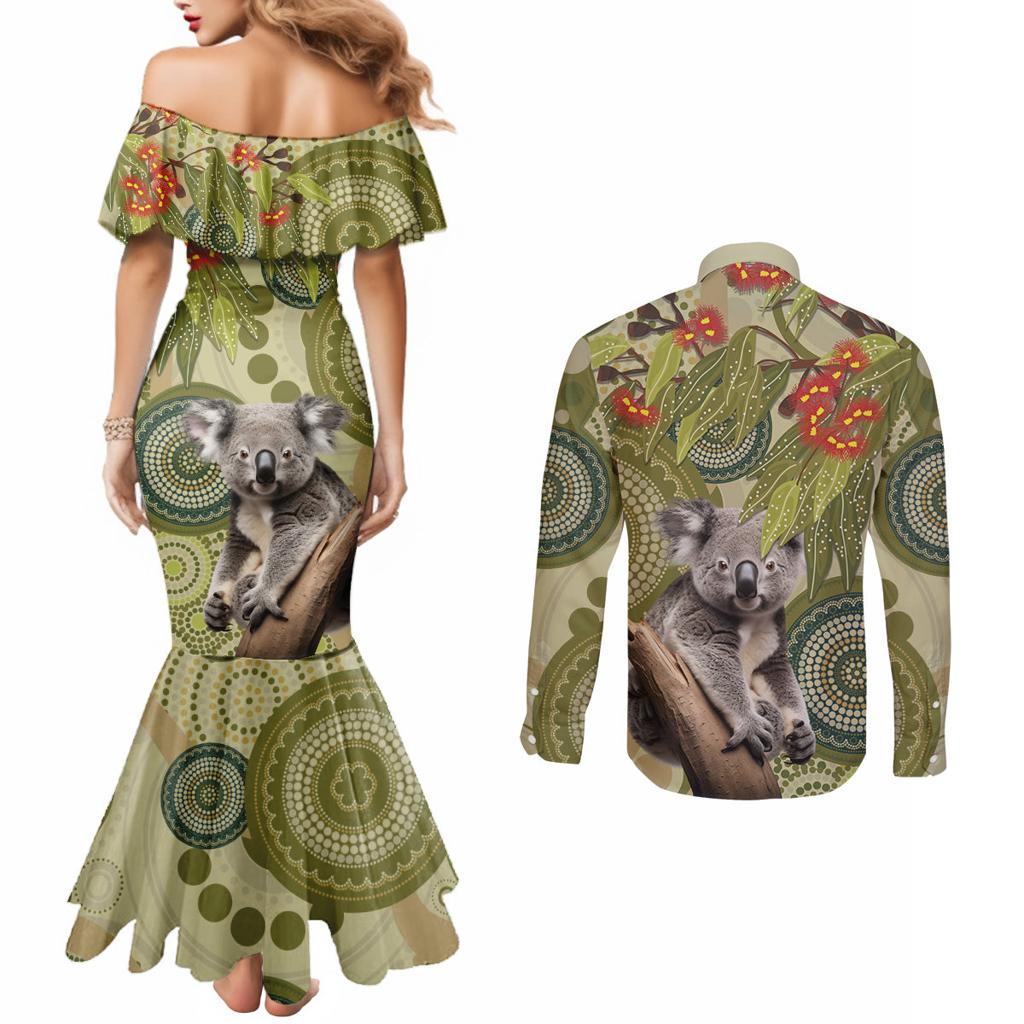 Aboriginal Koala Art Painting With Gum Blossom Couples Matching Mermaid Dress and Long Sleeve Button Shirt