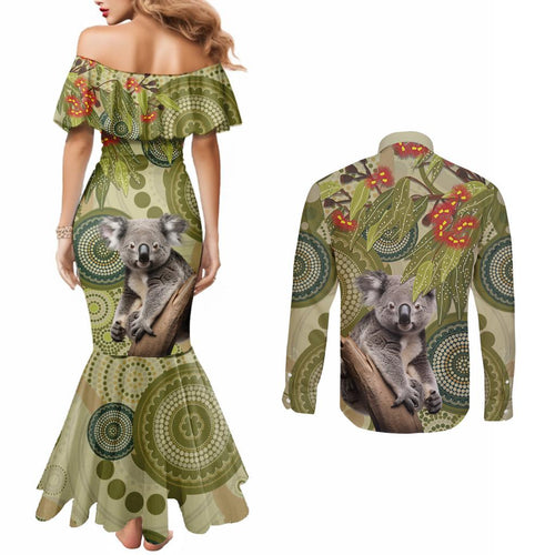 Aboriginal Koala Art Painting With Gum Blossom Couples Matching Mermaid Dress and Long Sleeve Button Shirt