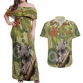 Aboriginal Koala Art Painting With Gum Blossom Couples Matching Off Shoulder Maxi Dress and Hawaiian Shirt