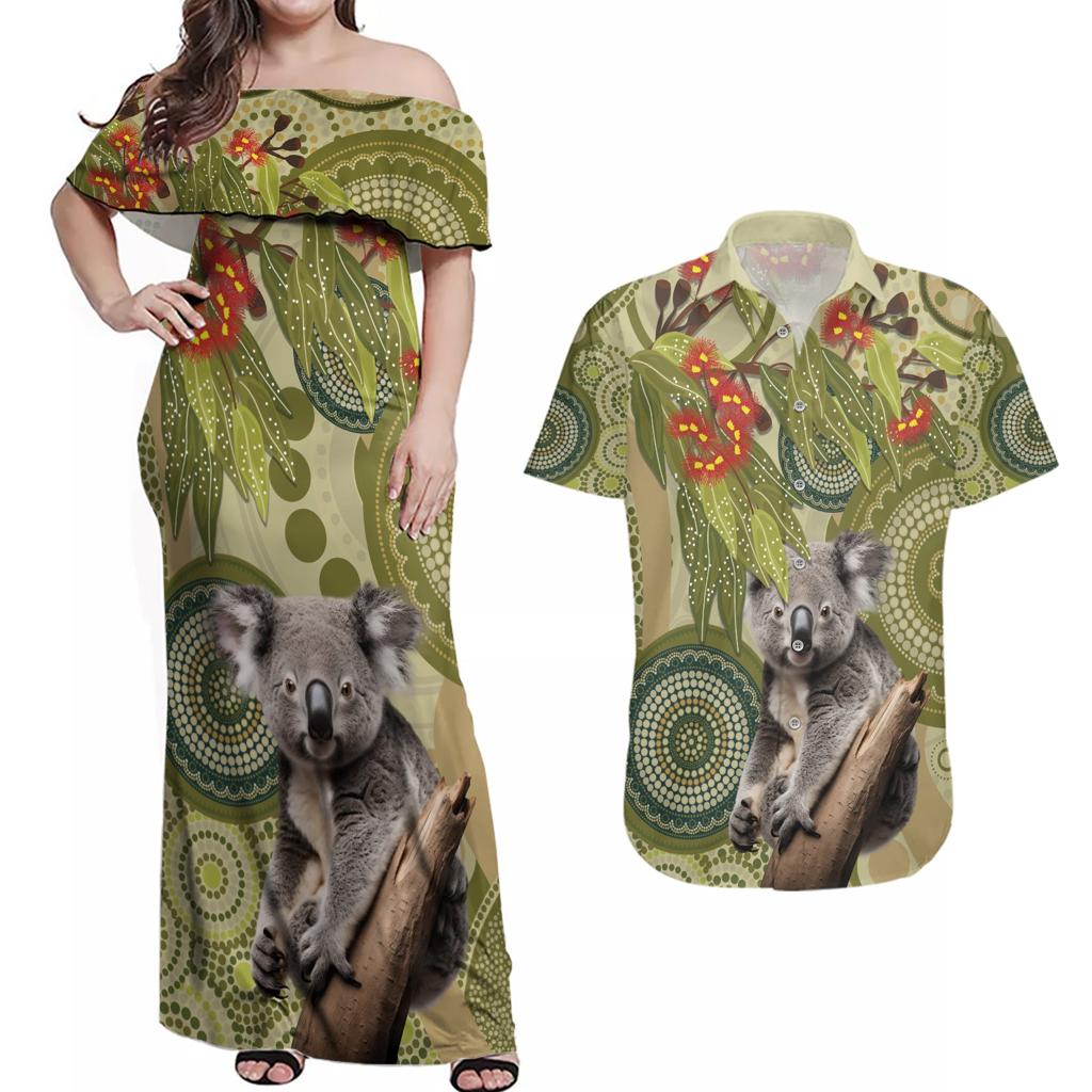 Aboriginal Koala Art Painting With Gum Blossom Couples Matching Off Shoulder Maxi Dress and Hawaiian Shirt