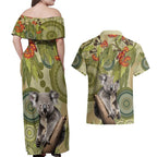 Aboriginal Koala Art Painting With Gum Blossom Couples Matching Off Shoulder Maxi Dress and Hawaiian Shirt
