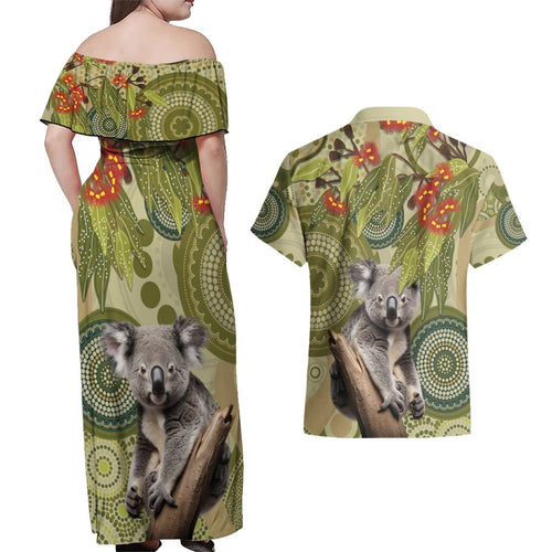 Aboriginal Koala Art Painting With Gum Blossom Couples Matching Off Shoulder Maxi Dress and Hawaiian Shirt