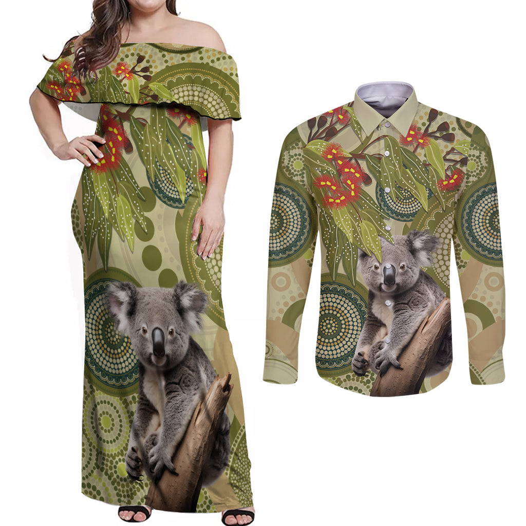 Aboriginal Koala Art Painting With Gum Blossom Couples Matching Off Shoulder Maxi Dress and Long Sleeve Button Shirt