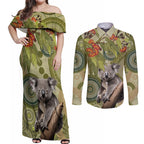Aboriginal Koala Art Painting With Gum Blossom Couples Matching Off Shoulder Maxi Dress and Long Sleeve Button Shirt