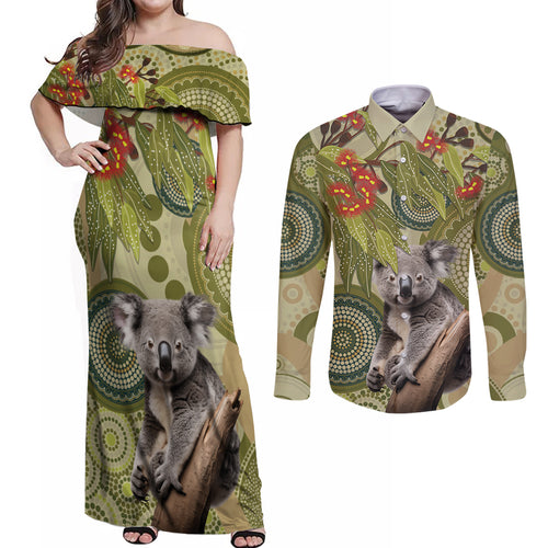 Aboriginal Koala Art Painting With Gum Blossom Couples Matching Off Shoulder Maxi Dress and Long Sleeve Button Shirt