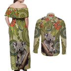 Aboriginal Koala Art Painting With Gum Blossom Couples Matching Off Shoulder Maxi Dress and Long Sleeve Button Shirt