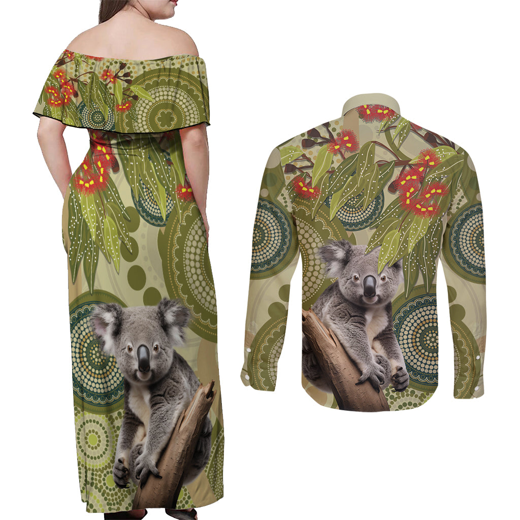 Aboriginal Koala Art Painting With Gum Blossom Couples Matching Off Shoulder Maxi Dress and Long Sleeve Button Shirt