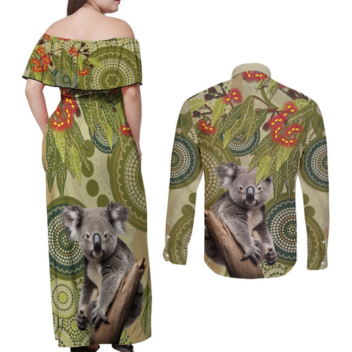 Aboriginal Koala Art Painting With Gum Blossom Couples Matching Off Shoulder Maxi Dress and Long Sleeve Button Shirt