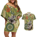 Aboriginal Koala Art Painting With Gum Blossom Couples Matching Off Shoulder Short Dress and Hawaiian Shirt