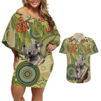 Aboriginal Koala Art Painting With Gum Blossom Couples Matching Off Shoulder Short Dress and Hawaiian Shirt