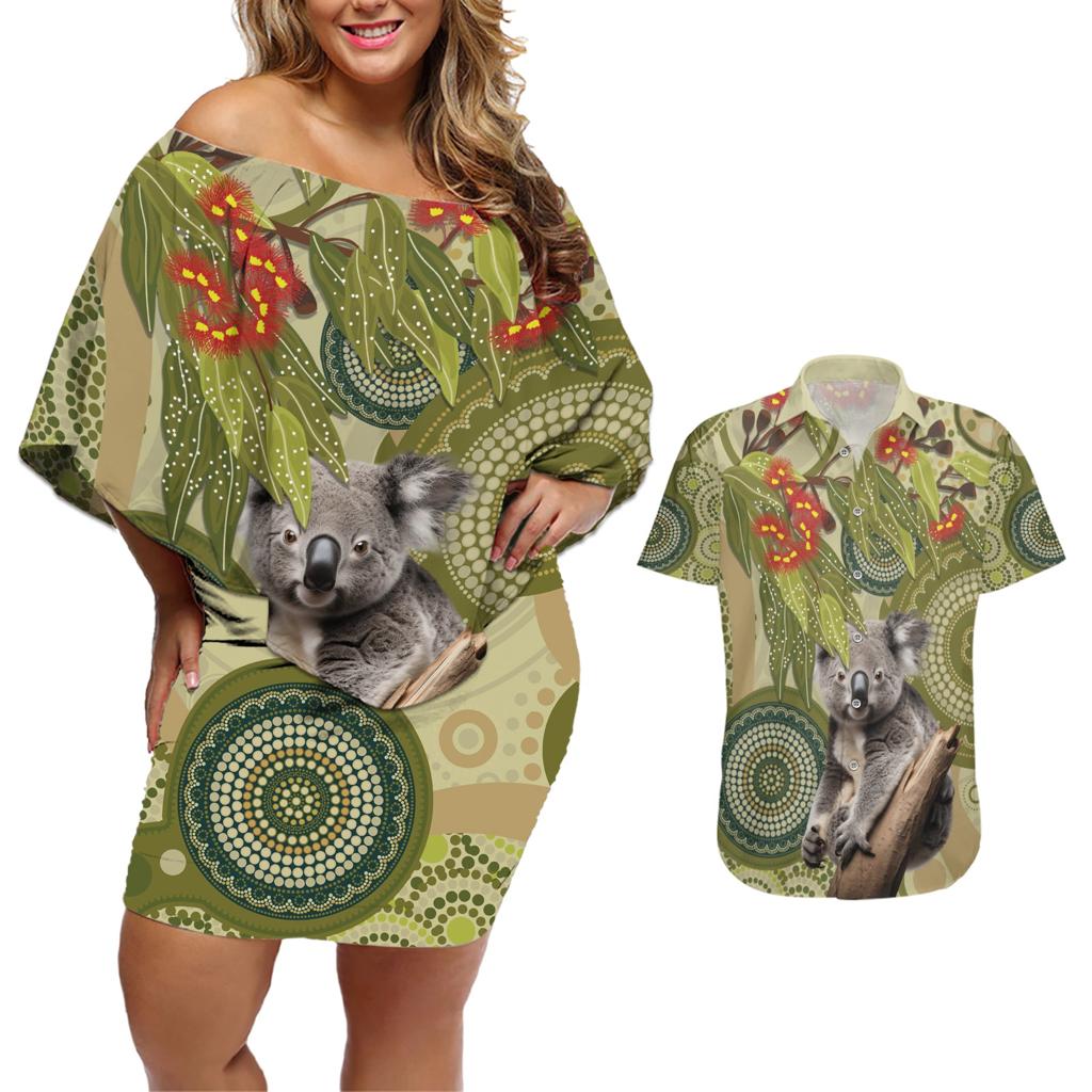 Aboriginal Koala Art Painting With Gum Blossom Couples Matching Off Shoulder Short Dress and Hawaiian Shirt