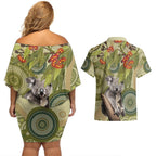 Aboriginal Koala Art Painting With Gum Blossom Couples Matching Off Shoulder Short Dress and Hawaiian Shirt