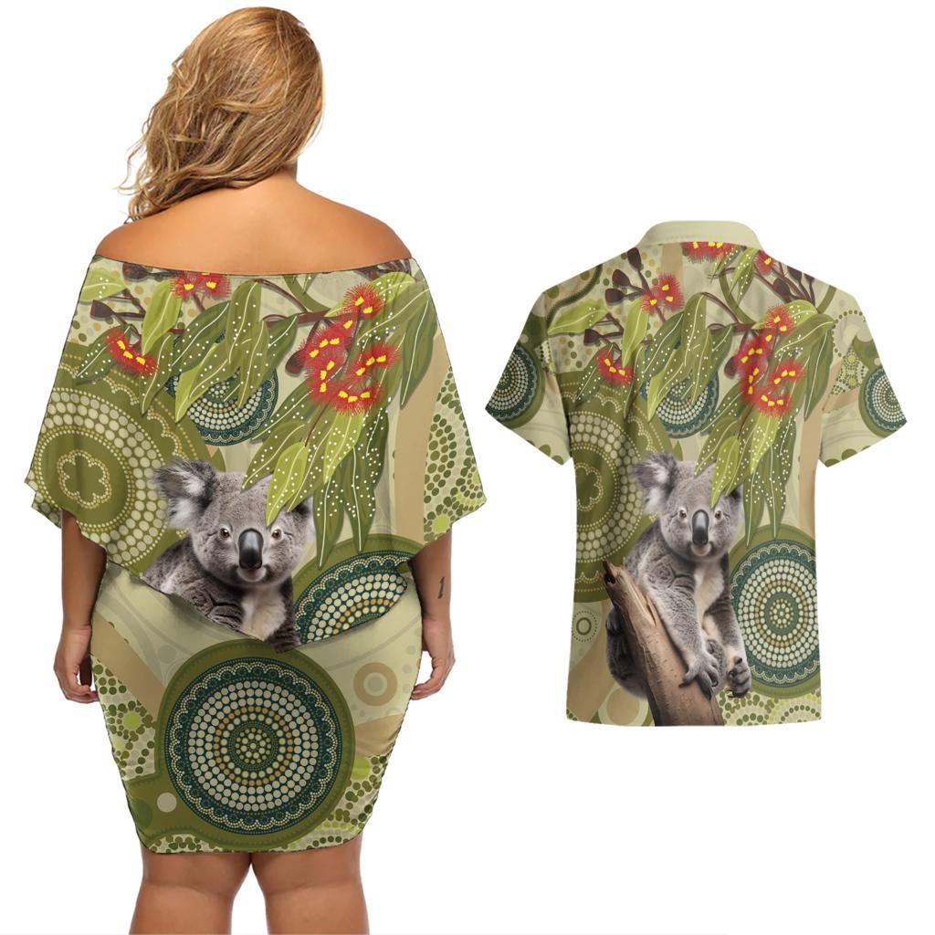Aboriginal Koala Art Painting With Gum Blossom Couples Matching Off Shoulder Short Dress and Hawaiian Shirt