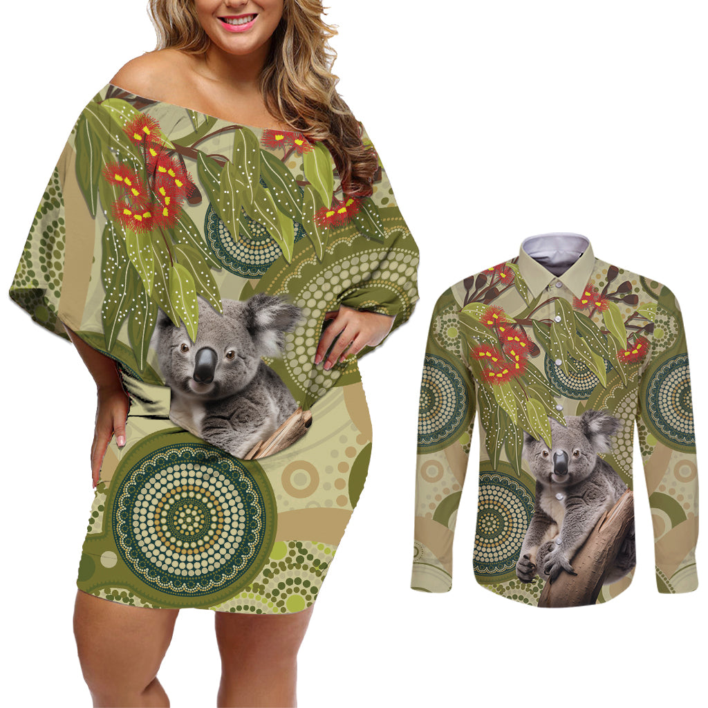 Aboriginal Koala Art Painting With Gum Blossom Couples Matching Off Shoulder Short Dress and Long Sleeve Button Shirt
