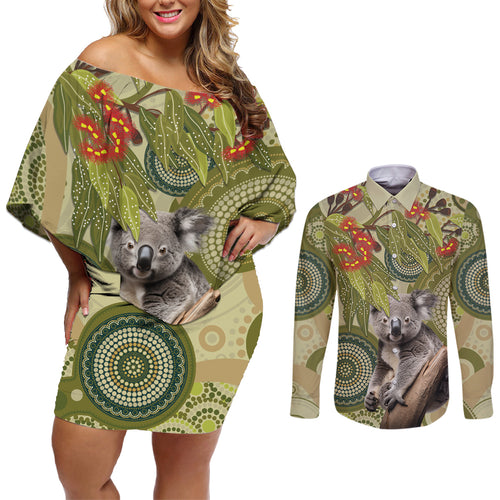 Aboriginal Koala Art Painting With Gum Blossom Couples Matching Off Shoulder Short Dress and Long Sleeve Button Shirt