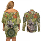 Aboriginal Koala Art Painting With Gum Blossom Couples Matching Off Shoulder Short Dress and Long Sleeve Button Shirt