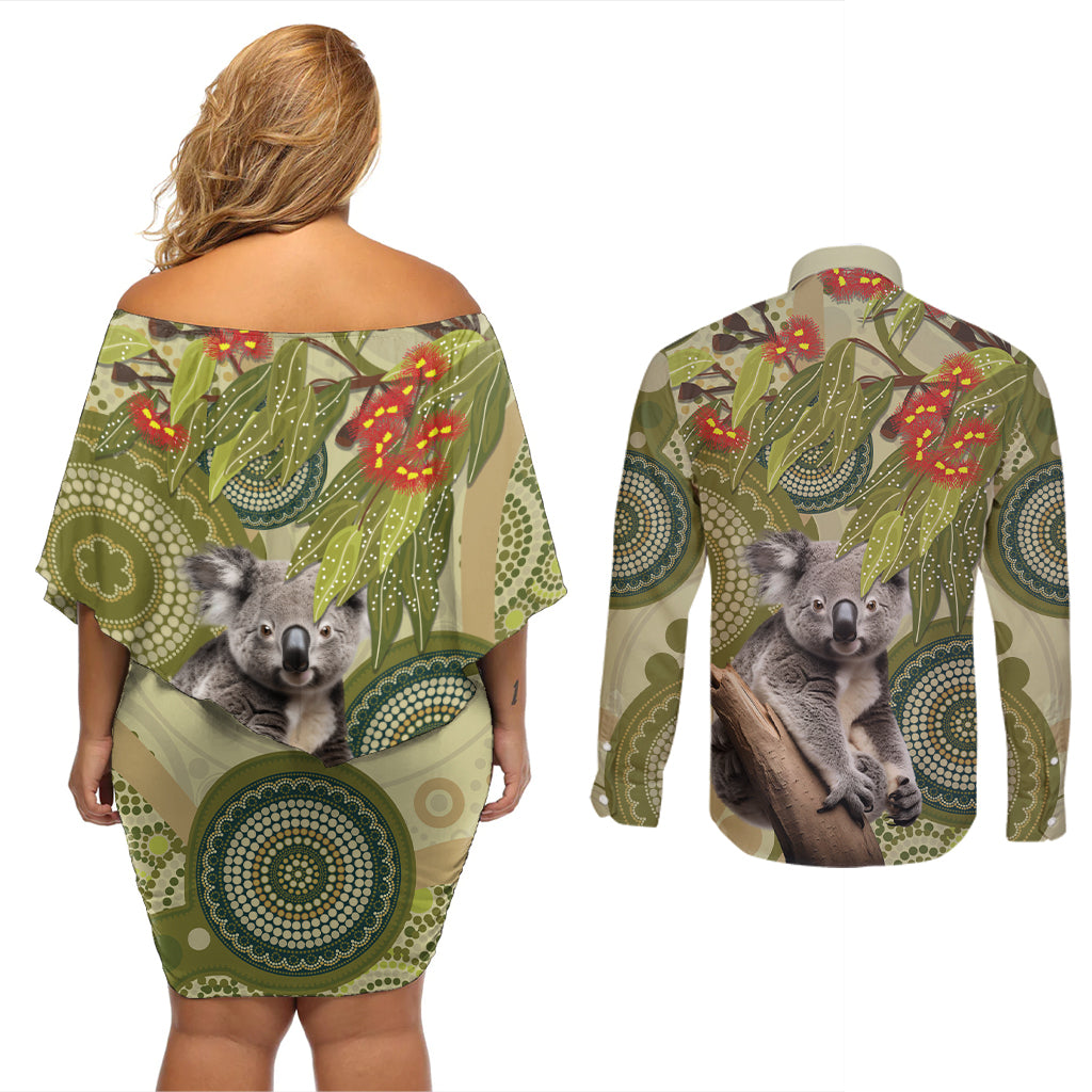 Aboriginal Koala Art Painting With Gum Blossom Couples Matching Off Shoulder Short Dress and Long Sleeve Button Shirt