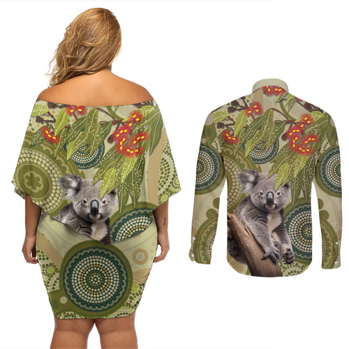 Aboriginal Koala Art Painting With Gum Blossom Couples Matching Off Shoulder Short Dress and Long Sleeve Button Shirt