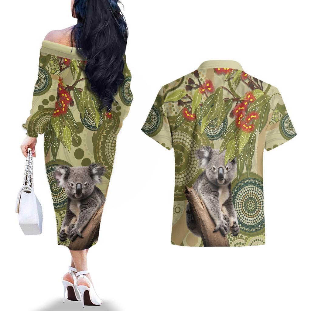 Aboriginal Koala Art Painting With Gum Blossom Couples Matching Off The Shoulder Long Sleeve Dress and Hawaiian Shirt
