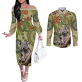 Aboriginal Koala Art Painting With Gum Blossom Couples Matching Off The Shoulder Long Sleeve Dress and Long Sleeve Button Shirt