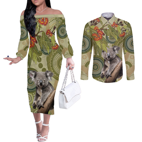 Aboriginal Koala Art Painting With Gum Blossom Couples Matching Off The Shoulder Long Sleeve Dress and Long Sleeve Button Shirt