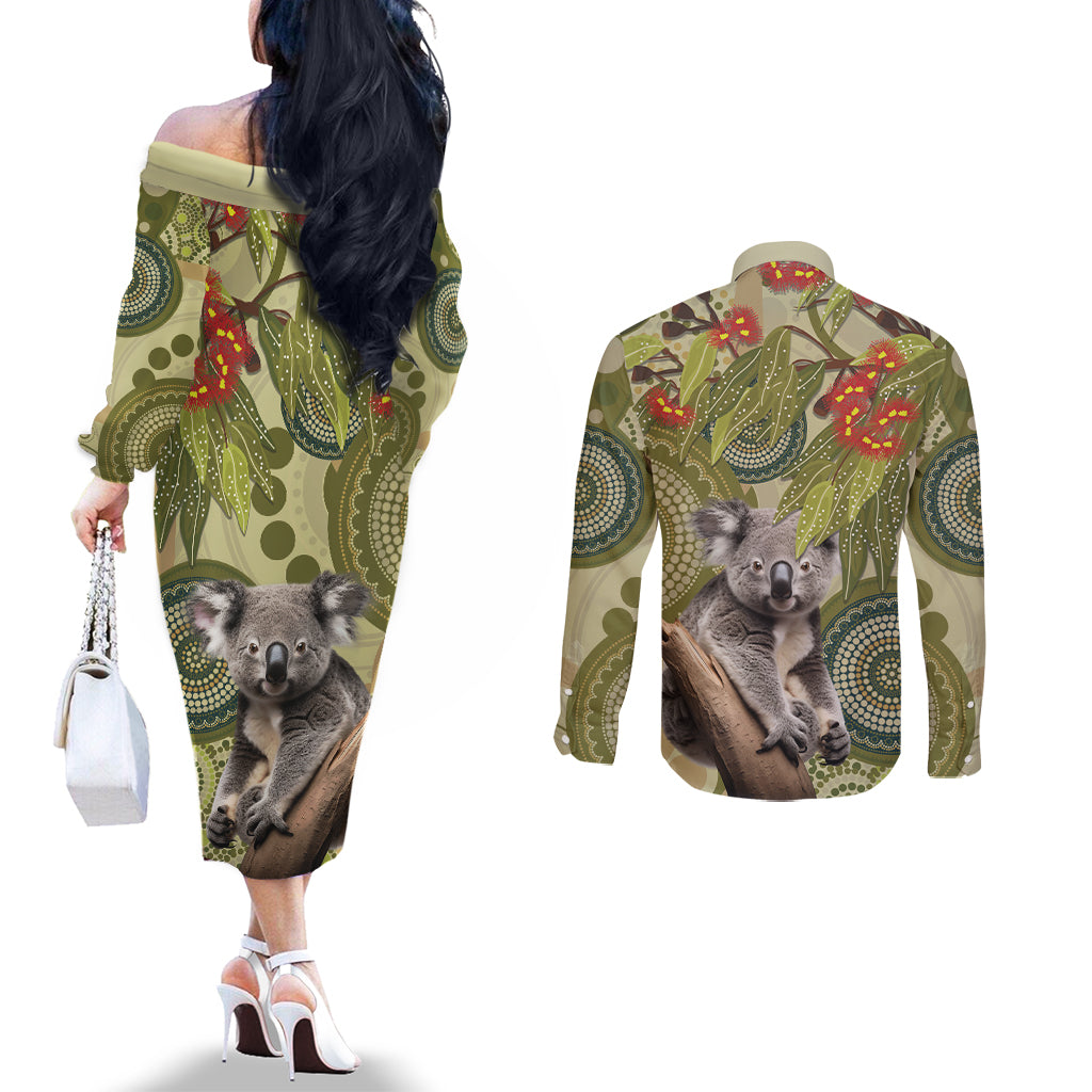 Aboriginal Koala Art Painting With Gum Blossom Couples Matching Off The Shoulder Long Sleeve Dress and Long Sleeve Button Shirt