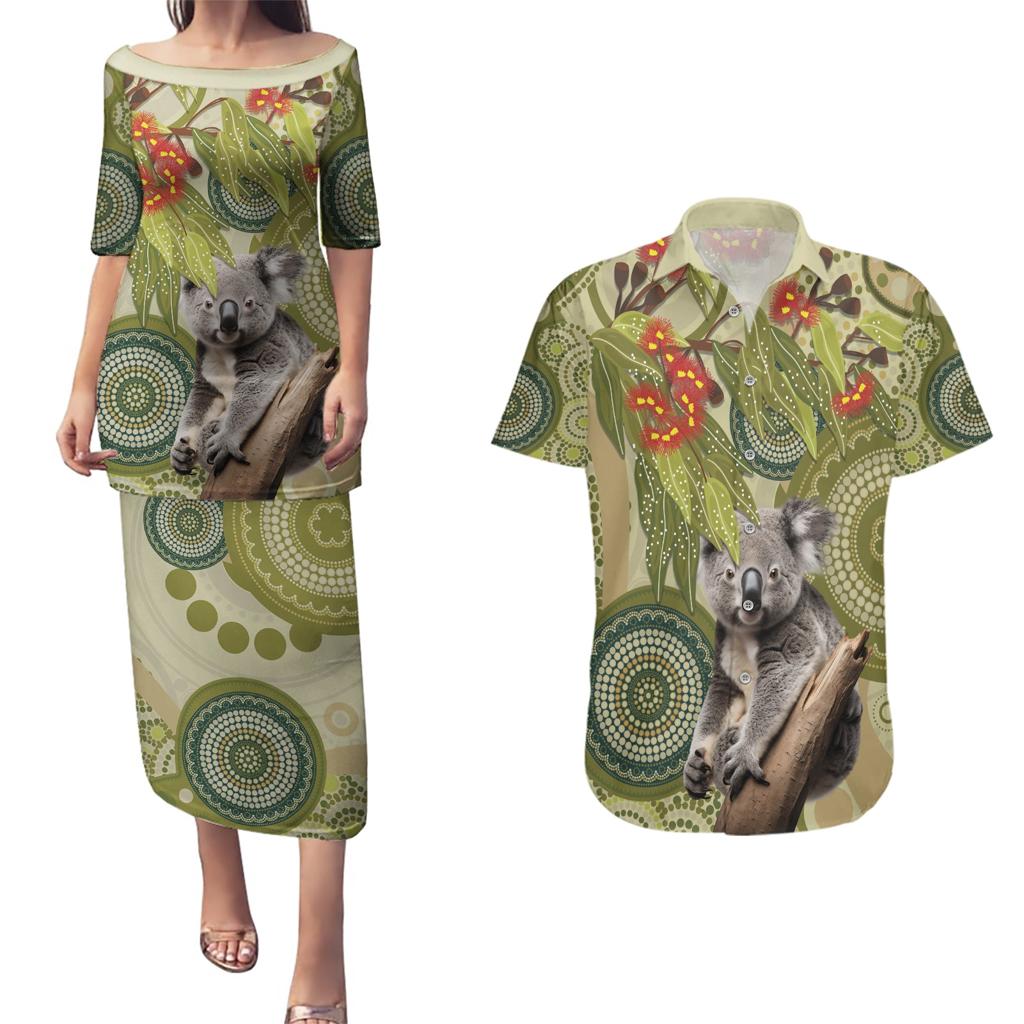 Aboriginal Koala Art Painting With Gum Blossom Couples Matching Puletasi and Hawaiian Shirt