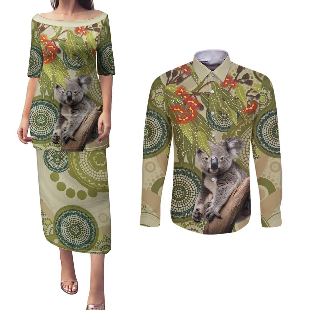 Aboriginal Koala Art Painting With Gum Blossom Couples Matching Puletasi and Long Sleeve Button Shirt
