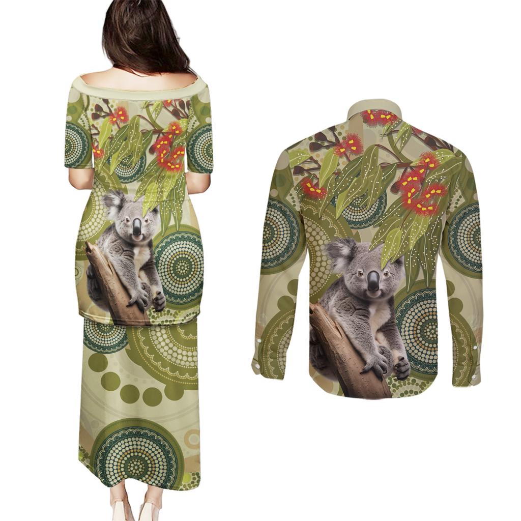 Aboriginal Koala Art Painting With Gum Blossom Couples Matching Puletasi and Long Sleeve Button Shirt