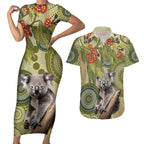 Aboriginal Koala Art Painting With Gum Blossom Couples Matching Short Sleeve Bodycon Dress and Hawaiian Shirt