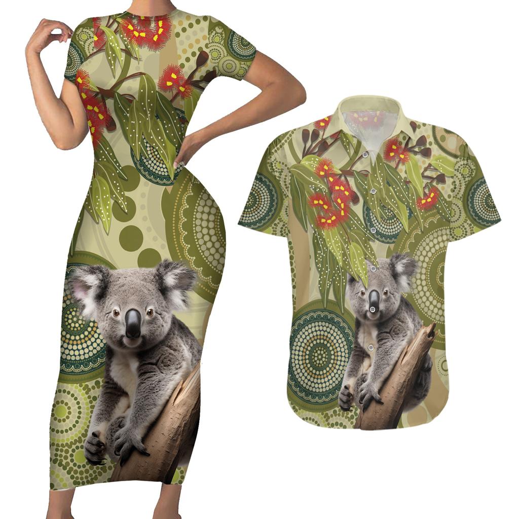 Aboriginal Koala Art Painting With Gum Blossom Couples Matching Short Sleeve Bodycon Dress and Hawaiian Shirt