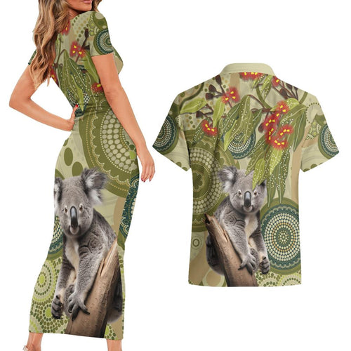 Aboriginal Koala Art Painting With Gum Blossom Couples Matching Short Sleeve Bodycon Dress and Hawaiian Shirt