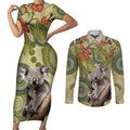 Aboriginal Koala Art Painting With Gum Blossom Couples Matching Short Sleeve Bodycon Dress and Long Sleeve Button Shirt
