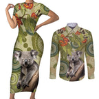 Aboriginal Koala Art Painting With Gum Blossom Couples Matching Short Sleeve Bodycon Dress and Long Sleeve Button Shirt