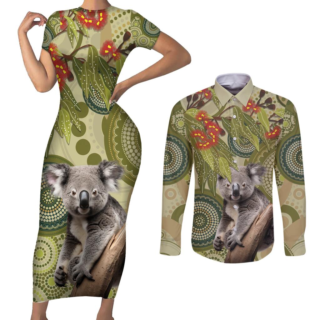 Aboriginal Koala Art Painting With Gum Blossom Couples Matching Short Sleeve Bodycon Dress and Long Sleeve Button Shirt