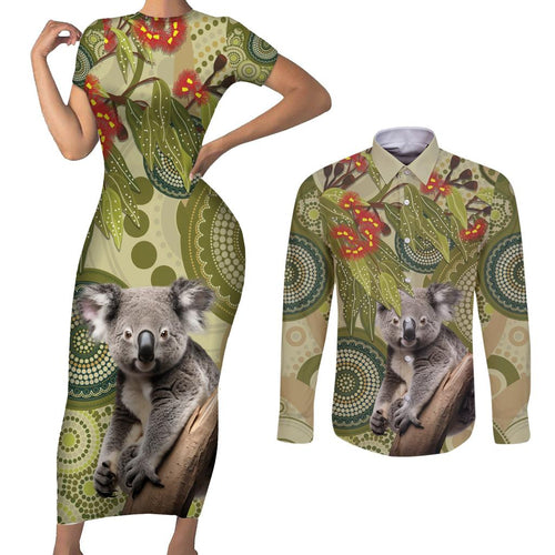 Aboriginal Koala Art Painting With Gum Blossom Couples Matching Short Sleeve Bodycon Dress and Long Sleeve Button Shirt