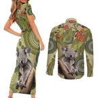 Aboriginal Koala Art Painting With Gum Blossom Couples Matching Short Sleeve Bodycon Dress and Long Sleeve Button Shirt