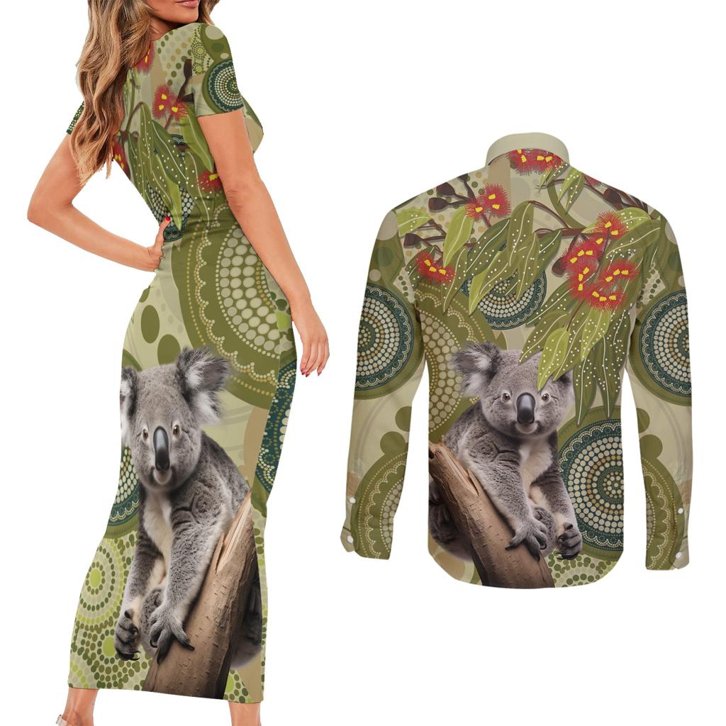 Aboriginal Koala Art Painting With Gum Blossom Couples Matching Short Sleeve Bodycon Dress and Long Sleeve Button Shirt