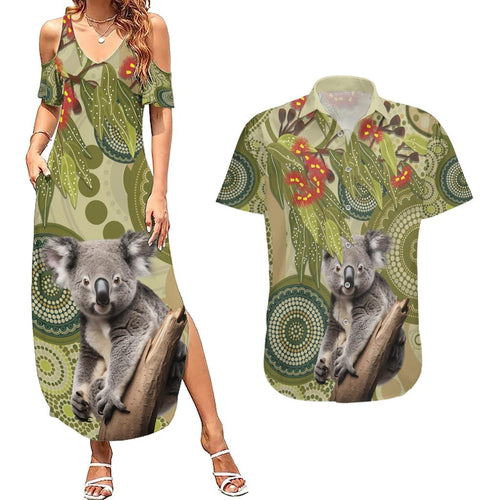 Aboriginal Koala Art Painting With Gum Blossom Couples Matching Summer Maxi Dress and Hawaiian Shirt