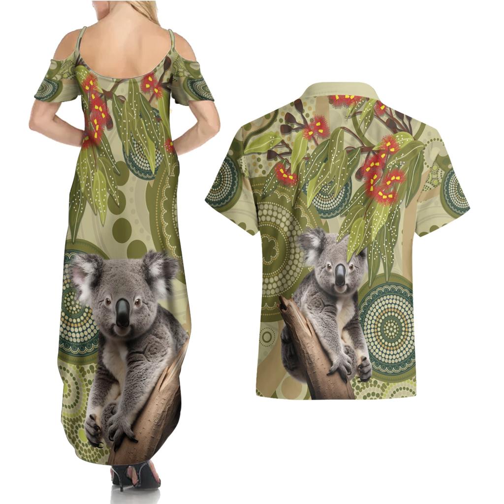 Aboriginal Koala Art Painting With Gum Blossom Couples Matching Summer Maxi Dress and Hawaiian Shirt