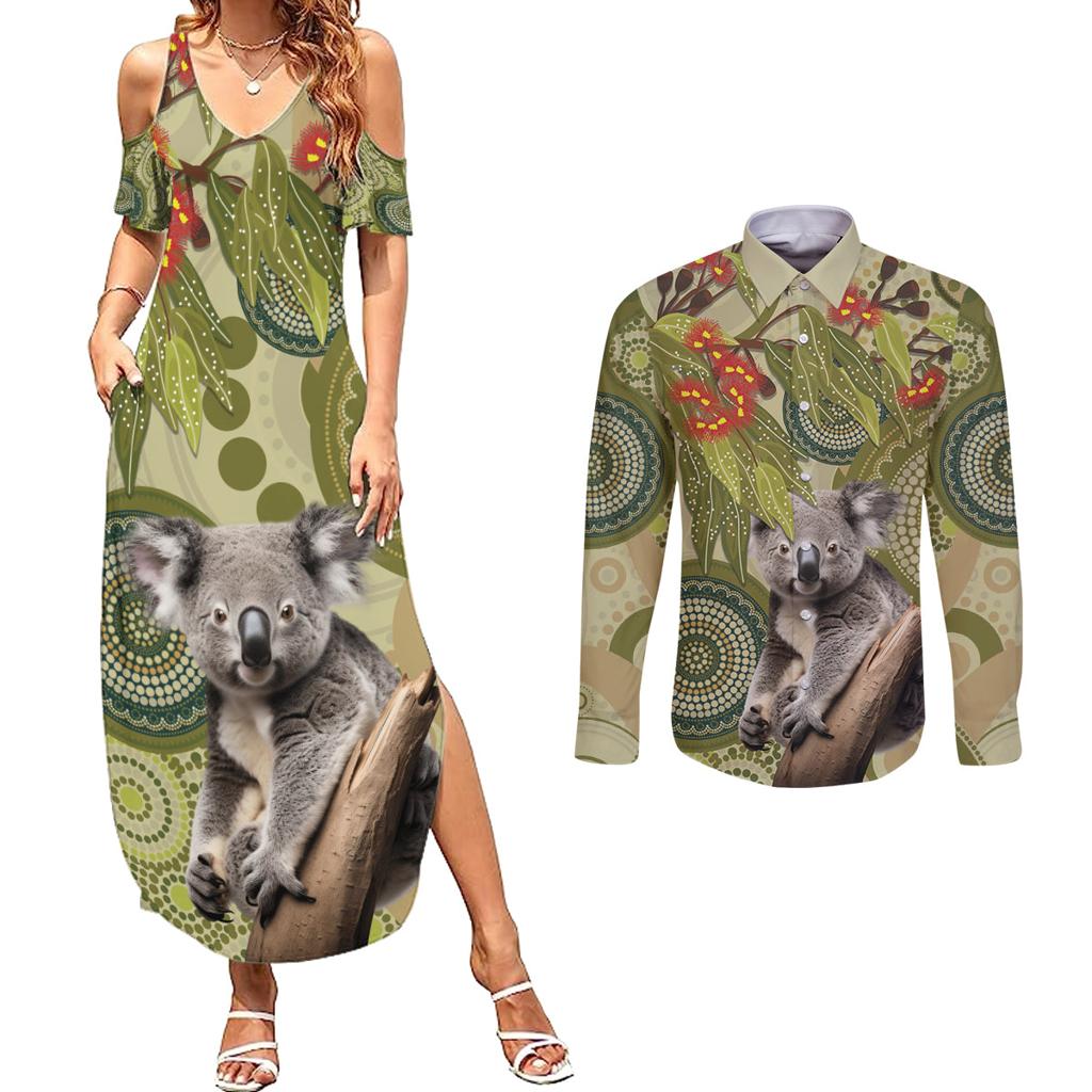Aboriginal Koala Art Painting With Gum Blossom Couples Matching Summer Maxi Dress and Long Sleeve Button Shirt
