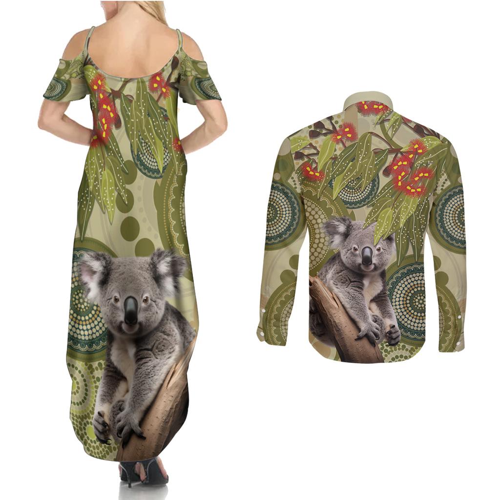 Aboriginal Koala Art Painting With Gum Blossom Couples Matching Summer Maxi Dress and Long Sleeve Button Shirt