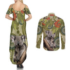 Aboriginal Koala Art Painting With Gum Blossom Couples Matching Summer Maxi Dress and Long Sleeve Button Shirt