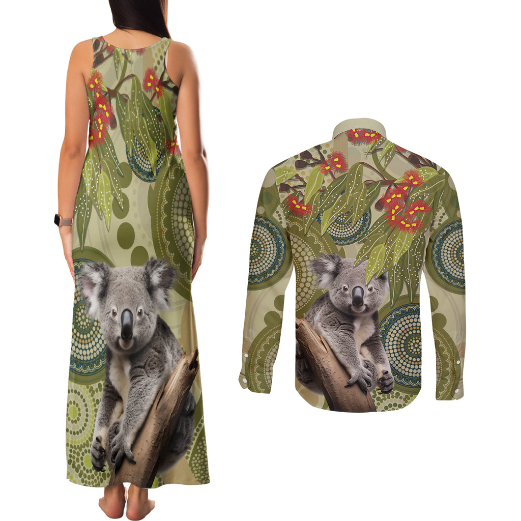 Aboriginal Koala Art Painting With Gum Blossom Couples Matching Tank Maxi Dress and Long Sleeve Button Shirt