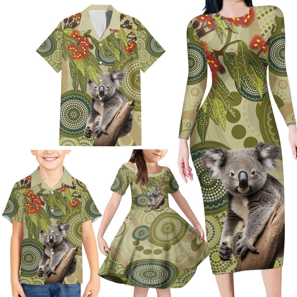 Aboriginal Koala Art Painting With Gum Blossom Family Matching Long Sleeve Bodycon Dress and Hawaiian Shirt
