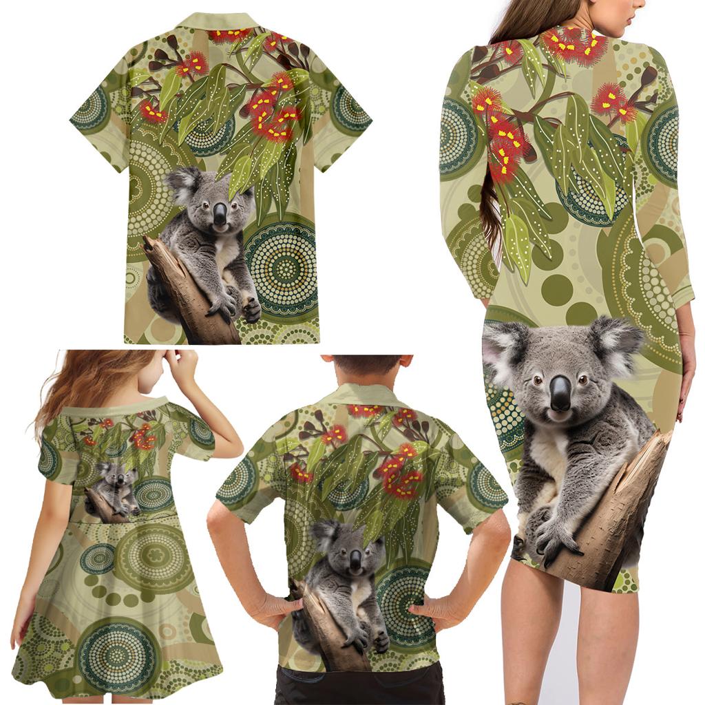 Aboriginal Koala Art Painting With Gum Blossom Family Matching Long Sleeve Bodycon Dress and Hawaiian Shirt