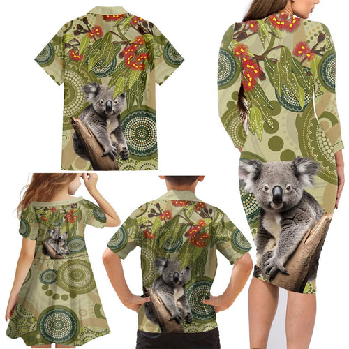 Aboriginal Koala Art Painting With Gum Blossom Family Matching Long Sleeve Bodycon Dress and Hawaiian Shirt