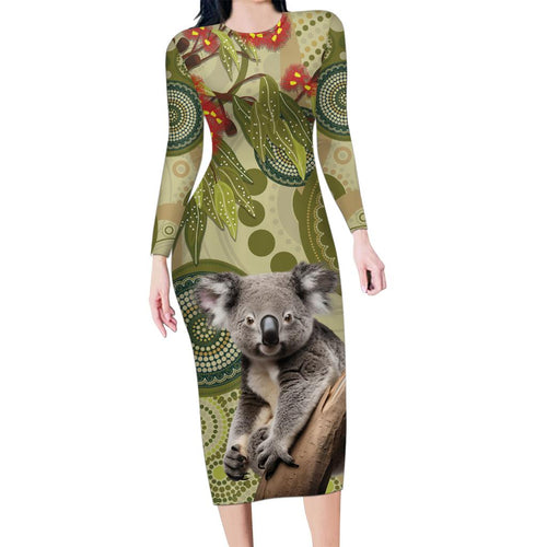 Aboriginal Koala Art Painting With Gum Blossom Family Matching Long Sleeve Bodycon Dress and Hawaiian Shirt